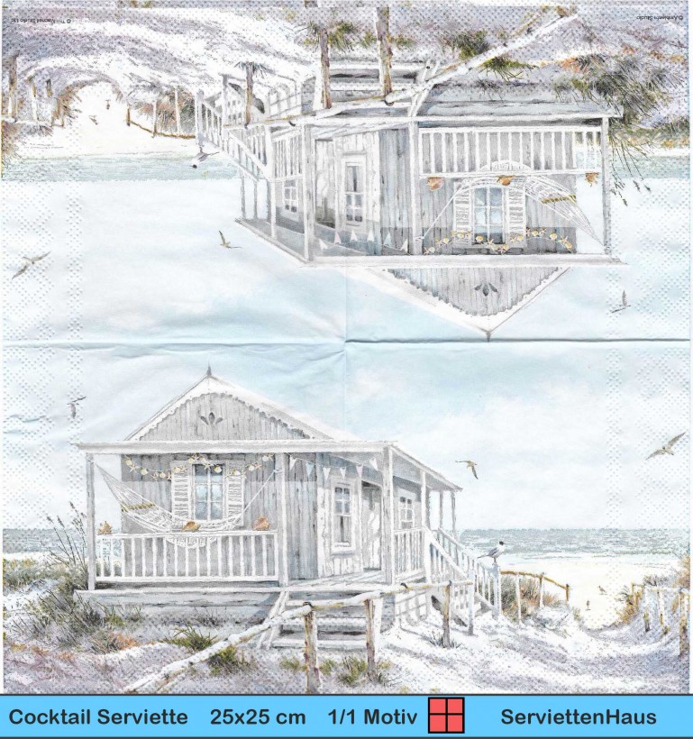 Strandhaus mit Hängematte - 1 Cocktail Serviette - halbes Motiv